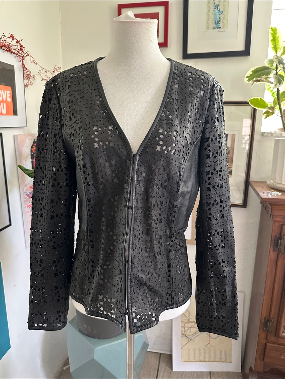 Carlisle Black Laser-Cut Leather Zip Front Jacket Size 6